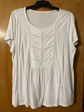 Talbots White Short Sleeve Crochet-Panel Cotton Tee